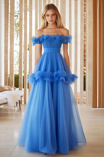 Blue A Line Ruffled Off the Shoulder Long Formal Dress